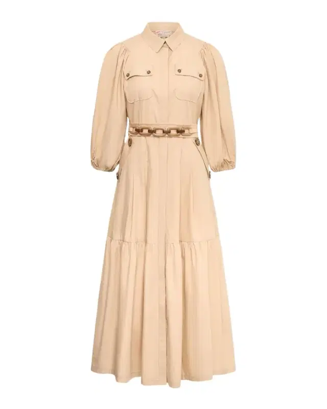 Cotton Puff-Sleeve Belted Midi Shirtdress