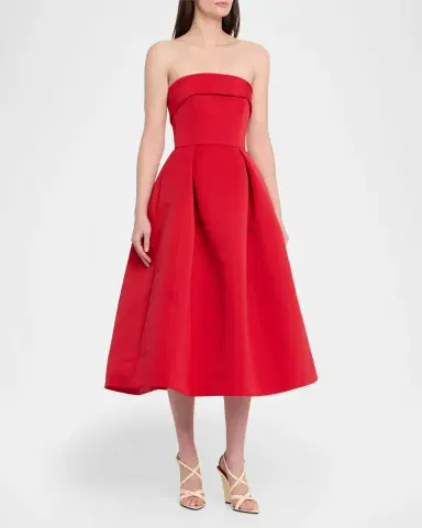 Amsale Foldover Strapless Faille Pleated Midi Dress | Thumbnail 3