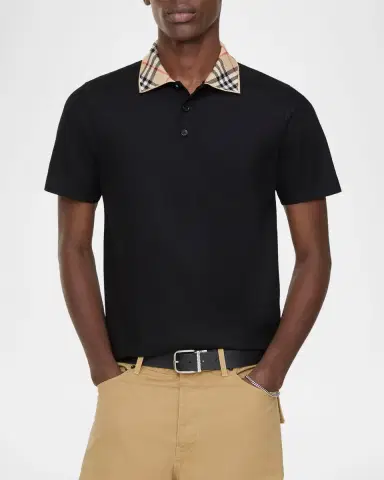 Burberry Men's Check-Collar Cotton Polo Shirt | Thumbnail 3