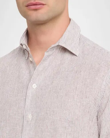 Emporio Armani Men's Cotton and Linen Fine-Stripe Sport Shirt | Thumbnail 4