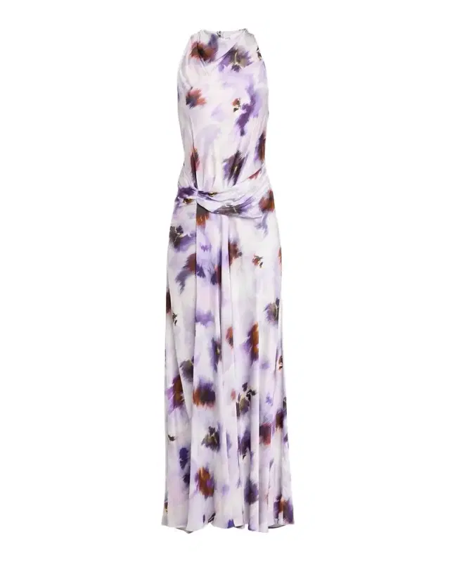 Skylar Cowl-Neck Blurred Floral Draped Gown