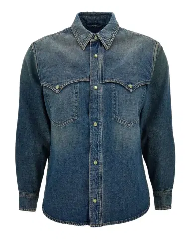 Versace Men's Denim Snap-Front Western Shirt | Thumbnail 1