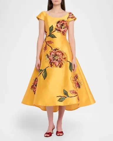 Amsale Floral Embellished Mikado Tea-Length Dress | Thumbnail 2
