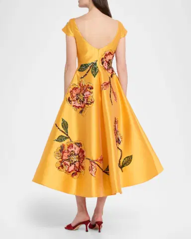 Amsale Floral Embellished Mikado Tea-Length Dress | Thumbnail 3