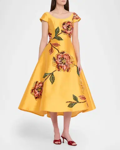 Amsale Floral Embellished Mikado Tea-Length Dress | Thumbnail 4
