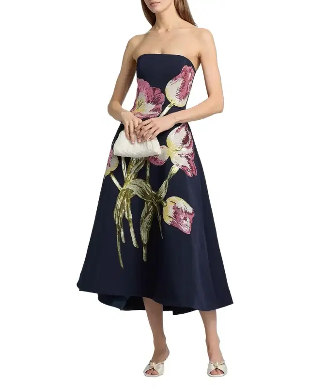 Floral Sequined Strapless Midi Cocktail Dress