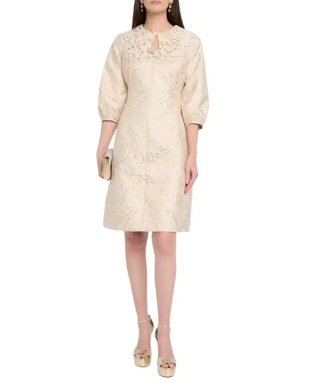 Cutout Puff-Sleeve Metallic Jacquard Dress