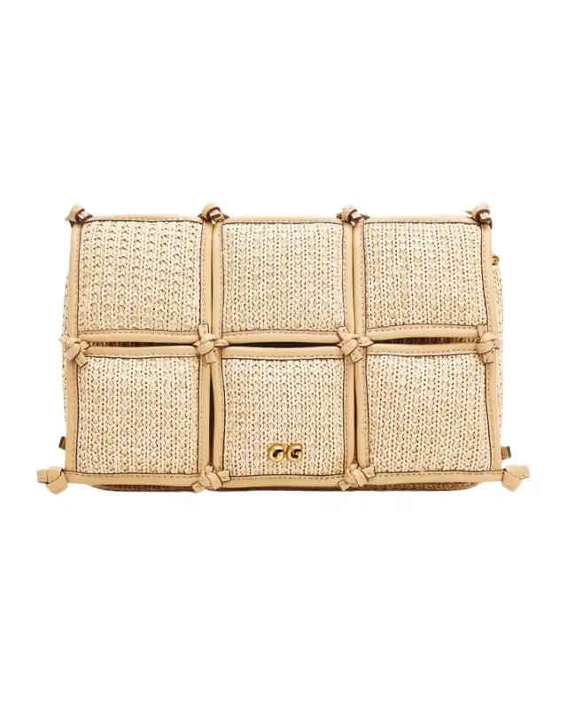Puff Straw & Leather-Trim Crossbody Bag