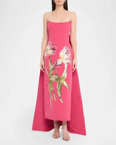 Amsale Strapless Sequined Floral Cape Column Gown | Thumbnail 2