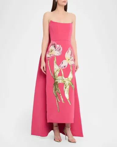 Amsale Strapless Sequined Floral Cape Column Gown | Thumbnail 4