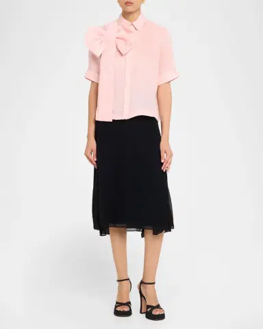 Dice Kayek Satin Bow Short-Sleeve Button-Down Top | Thumbnail 2