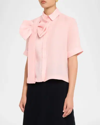 Dice Kayek Satin Bow Short-Sleeve Button-Down Top | Thumbnail 4