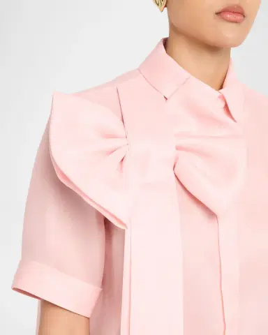 Dice Kayek Satin Bow Short-Sleeve Button-Down Top | Thumbnail 5