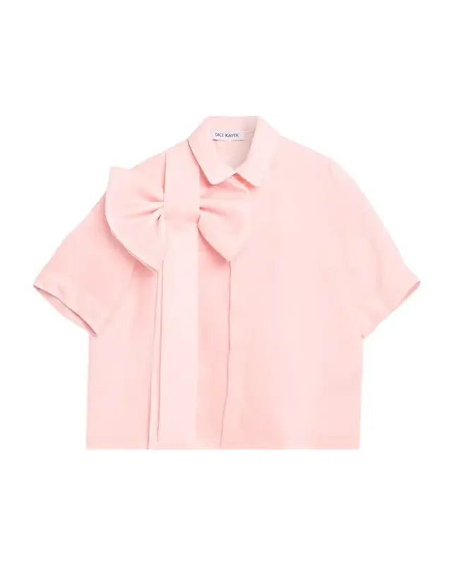 Satin Bow Short-Sleeve Button-Down Top