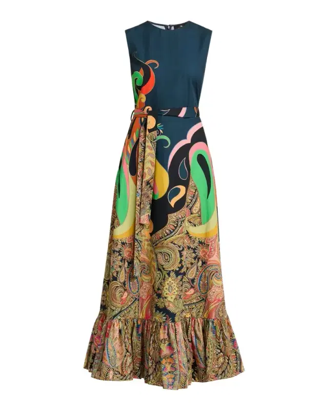 Paisley Lotus Print Cotton Flounce Maxi Dress