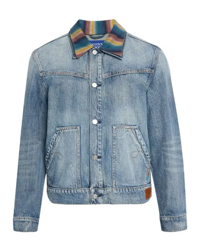 Scotch & Soda Men 's Multicolor-Collar Washed Denim Jacket