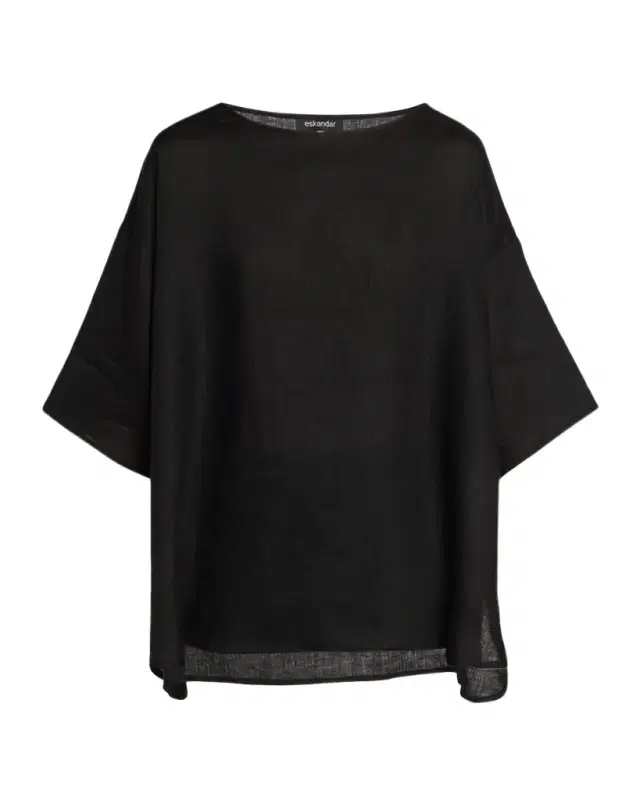 Linen Sloped Shoulder Wide A-Line Scoop Neck Top - Mid Length
