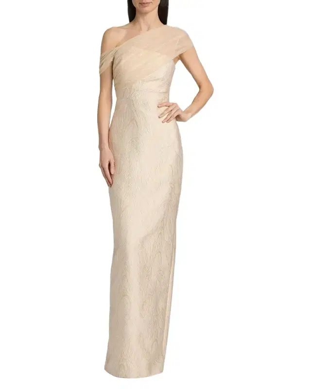 Zara One-Shoulder Metallic Jacquard Column Gown