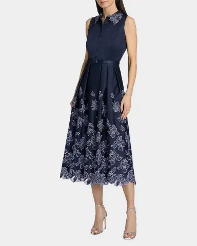 Theia Merisel Pleated Floral-Embroidered Midi Shirtdress | Thumbnail 4 Theia Merisel Pleated Floral-Embroidered Midi Shirtdress | Thumbnail 4
