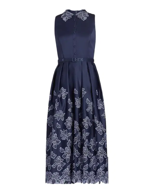 Theia Merisel Pleated Floral-Embroidered Midi Shirtdress