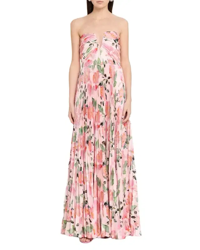 Ella Strapless Pleated Floral-Print Satin Gown