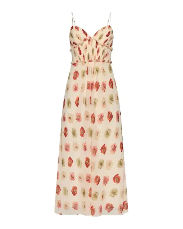 Floating Poppies Ruffle-Trim Sleeveless Midi Dress