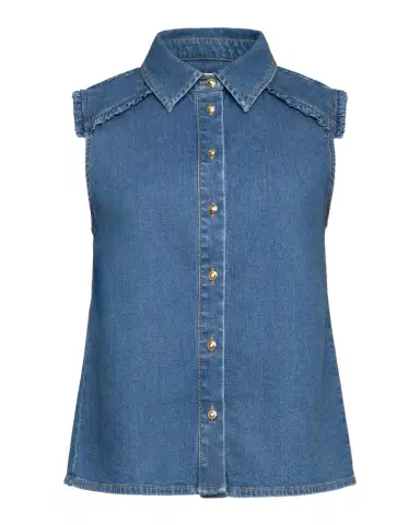 Cinq à Sept Florance Ruffle-Trim Sleeveless Denim Top | Thumbnail 1 Cinq à Sept Florance Ruffle-Trim Sleeveless Denim Top | Thumbnail 1