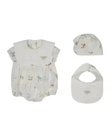 Fendi Kid 's Embroidered Logo Romper, Bib & Hat Gift Set, Size 1M-9M | Thumbnail 1 Fendi Kid 's Embroidered Logo Romper, Bib & Hat Gift Set, Size 1M-9M | Thumbnail 1