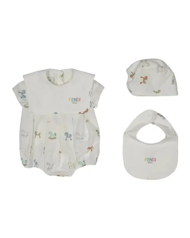 Kid 's Embroidered Logo Romper, Bib & Hat Gift Set, Size 1M-9M