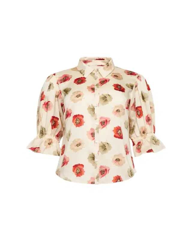 Cinq a Sept Floating Poppies Puff-Sleeve Silk Shirt