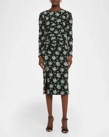 Dolce & Gabbana Floral Silk Long-Sleeve Ruched Midi Dress | Thumbnail 2
