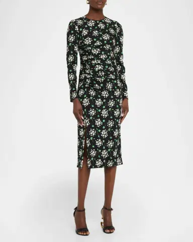 Dolce & Gabbana Floral Silk Long-Sleeve Ruched Midi Dress | Thumbnail 4