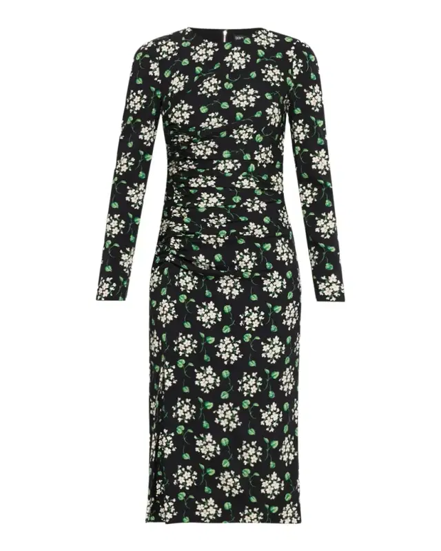 Floral Silk Long-Sleeve Ruched Midi Dress