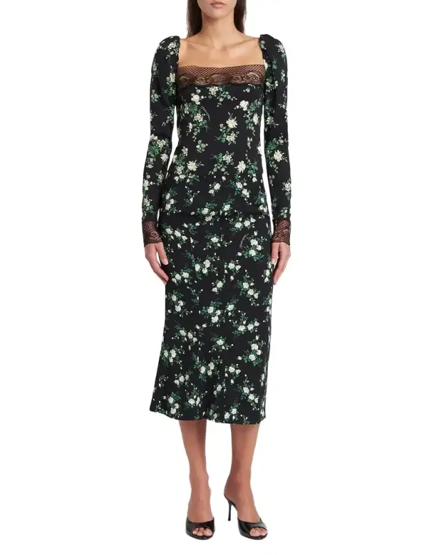 Micro Floral Silk Midi Skirt
