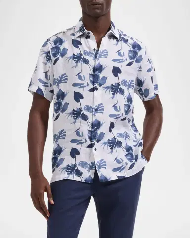 Bugatchi Men's Orson Leaf-Print Linen Short-Sleeve Shirt | Thumbnail 4 Bugatchi Men's Orson Leaf-Print Linen Short-Sleeve Shirt | Thumbnail 4