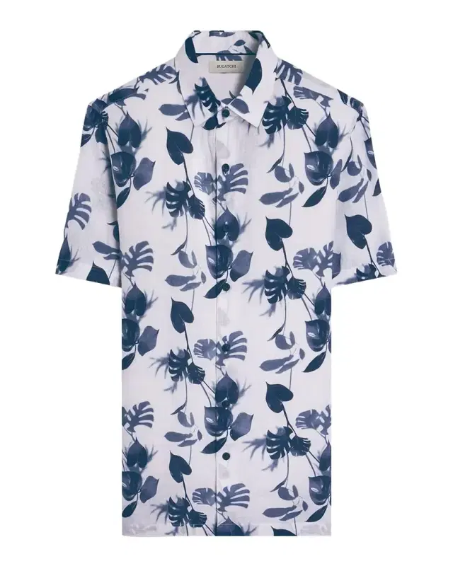 Bugatchi Men 's Orson Leaf-Print Linen Short-Sleeve Shirt