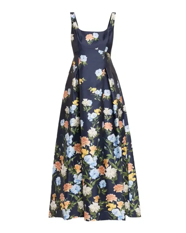 Sachin & Babi Aurora Pleated Floral-Print Mikado Gown