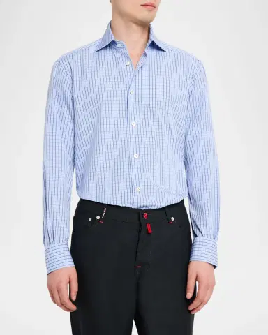 Kiton Men's Cotton Grid Check Sport Shirt with Mother-of-Pearl Buttons | Thumbnail 4