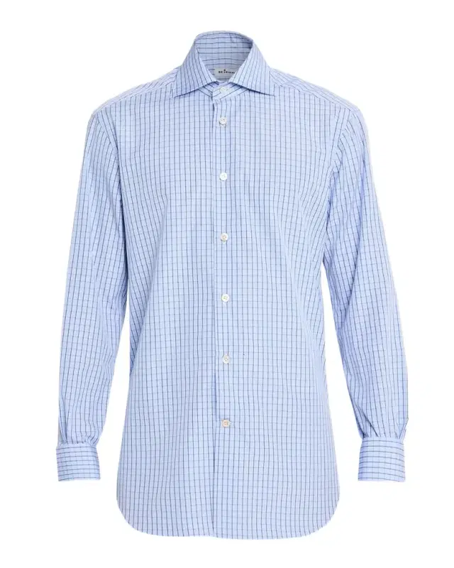 Men 's Cotton Grid Check Sport Shirt with Mother-of-Pearl Buttons