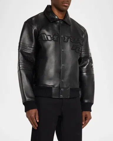 Avirex Men's Legends Leather Croc-Effect Trim Bomber Jacket | Thumbnail 4 Avirex Men's Legends Leather Croc-Effect Trim Bomber Jacket | Thumbnail 4