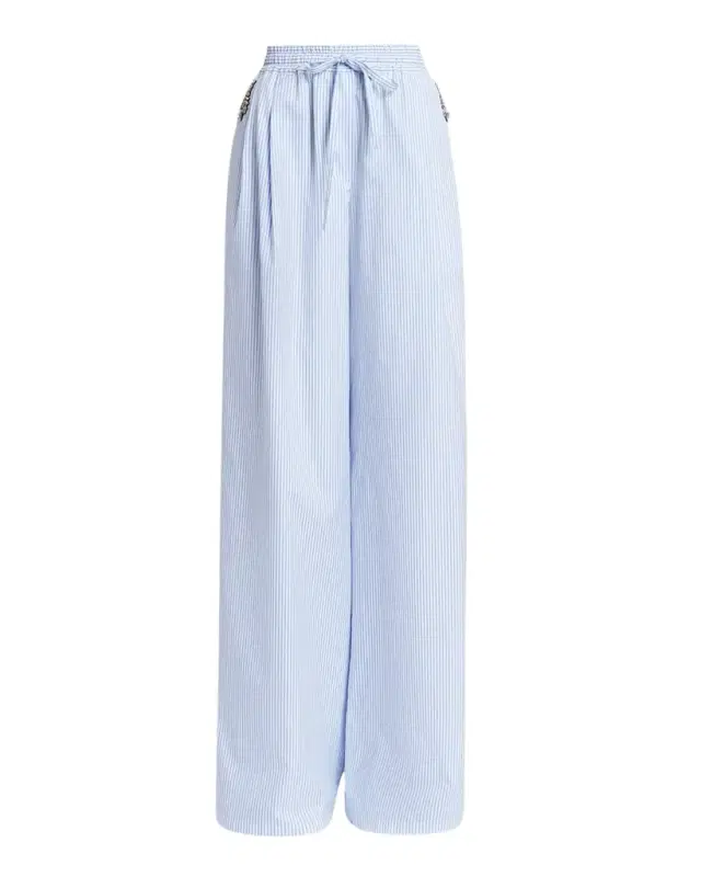 Embellished Striped Wide-Leg Pull-On Pants