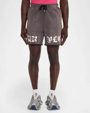 PURPLE Men's Worn Gothic Logo Cotton Fleece Shorts | Thumbnail 4