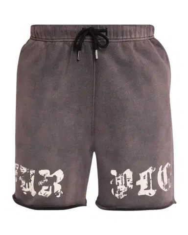 PURPLE Men's Worn Gothic Logo Cotton Fleece Shorts | Thumbnail 1