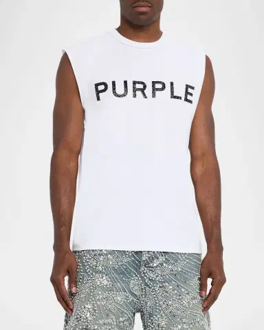 PURPLE Men's Textured-Logo Sleeveless Cotton T-Shirt | Thumbnail 4 PURPLE Men's Textured-Logo Sleeveless Cotton T-Shirt | Thumbnail 4