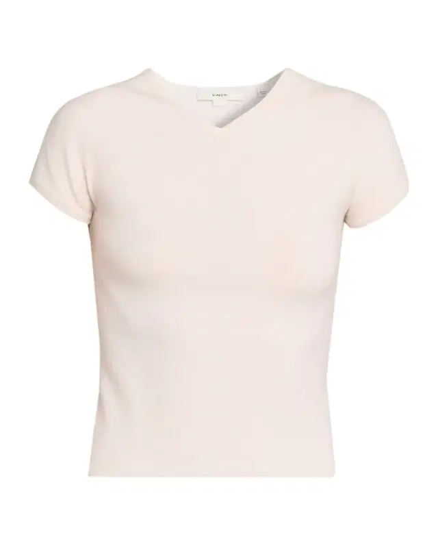 Vince Cashmere-Blend High V-Neck Short-Sleeve Sweater