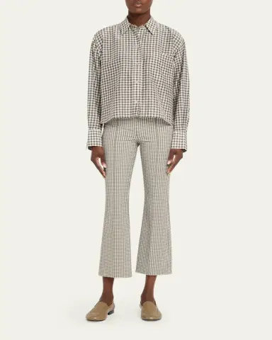 Vince Long-Sleeve Cropped Cotton-Silk Gingham Shirt | Thumbnail 2