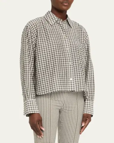 Vince Long-Sleeve Cropped Cotton-Silk Gingham Shirt | Thumbnail 4