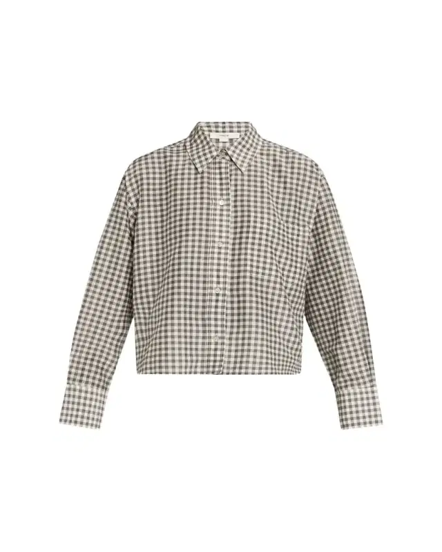 Vince Long-Sleeve Cropped Cotton-Silk Gingham Shirt