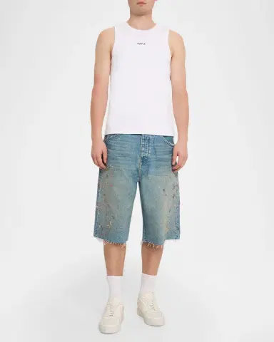 PURPLE Men 's Beaded Splatter Denim Shorts | Thumbnail 2 PURPLE Men 's Beaded Splatter Denim Shorts | Thumbnail 2