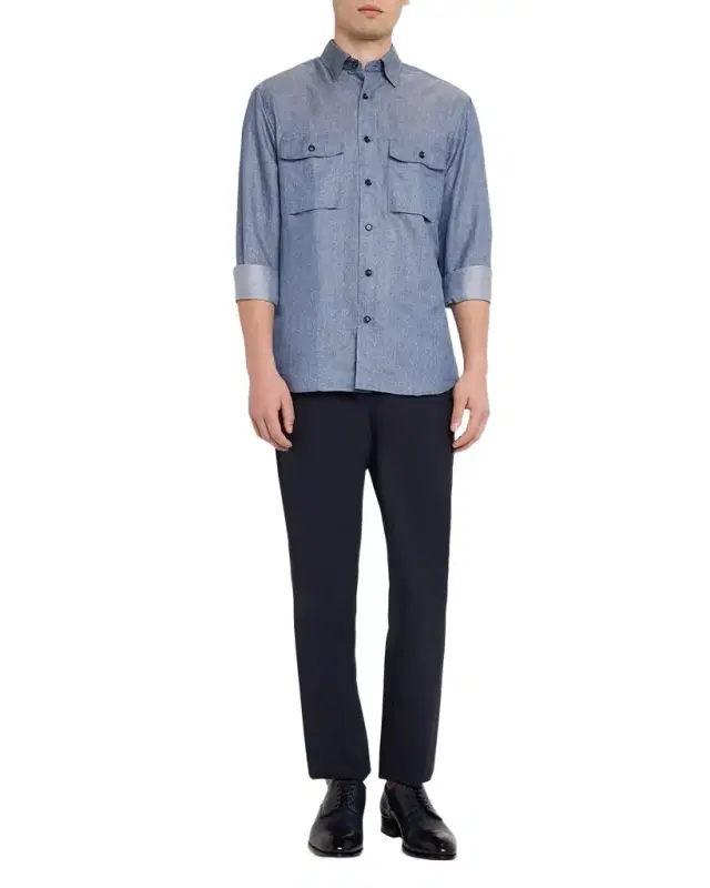 Men 's Cotton and Linen Flap-Pocket Military Shirt